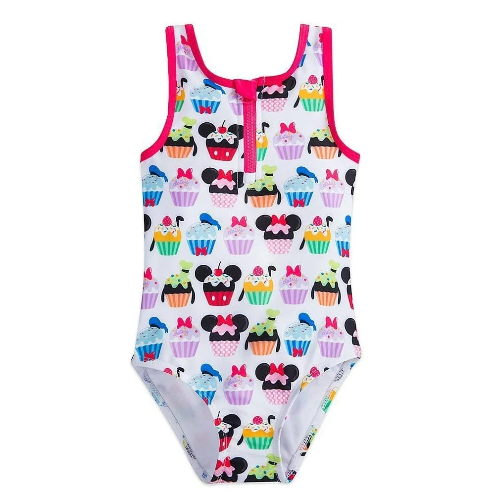 Disney Girls Mickey Minnie Cupcake One Piece Swimsuit Pink‎ White Zip Front 7/8